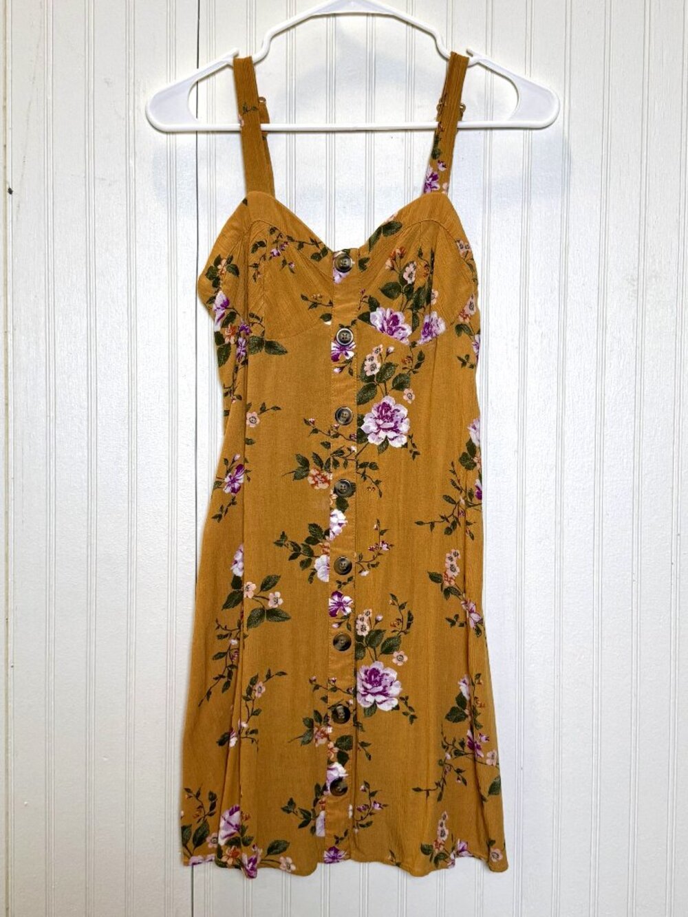 American Eagle Floral Mini Dress - Mustard Button Front - Size S